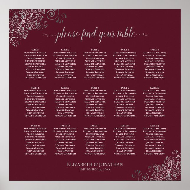 Silver on Burgundy 15 Table Wedding Seating Chart (Front)