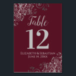 Silver on Burgundy Elegant Frilly Wedding Table Number<br><div class="desc">These beautiful wedding table number cards feature a simple yet elegant design with light grey script calligraphy on a burgundy or maroon background with a frilly silver faux foil floral filigree in the corners. Perfect way to make your wedding reception beautiful and help your guests find the right table at...</div>