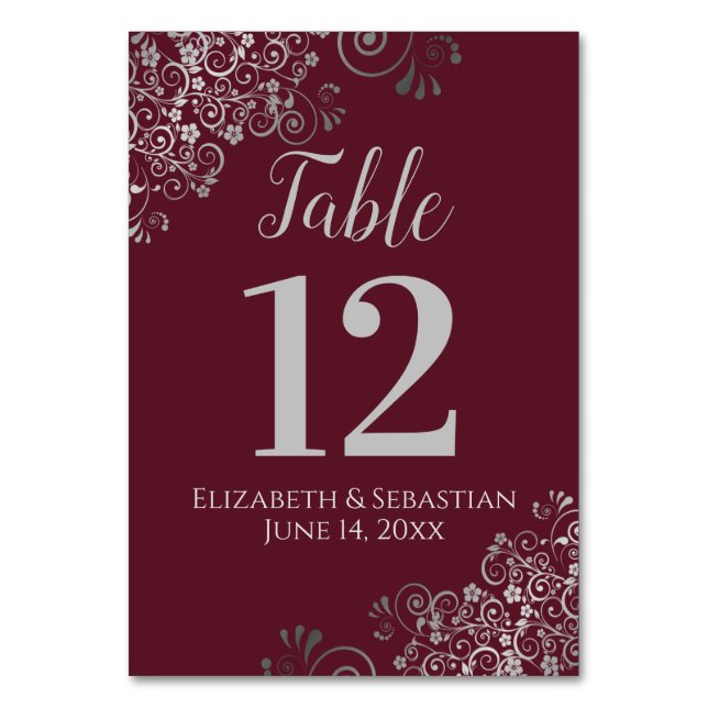 Silver on Burgundy Elegant Frilly Wedding Table Number (Front)