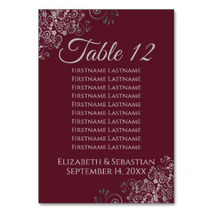Silver on Burgundy Elegant Wedding Seating Chart Table Number
