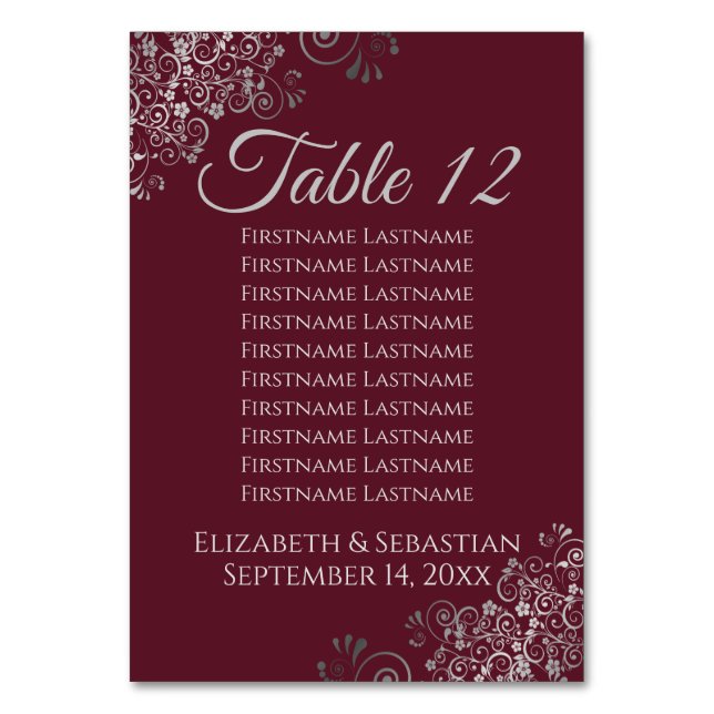 Silver on Burgundy Elegant Wedding Seating Chart Table Number (Front)