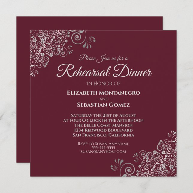 Silver on Burgundy Square Wedding Rehearsal Dinner Invitation (Front/Back)
