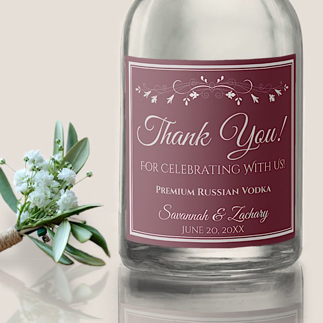 Silver on Burgundy Wedding Thank You Liquor Bottle Label (Creator Uploaded)