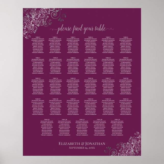 Silver on Cassis 29 Table Wedding Seating Chart (Front)