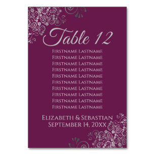 Silver on Cassis Elegant Wedding Seating Chart Table Number