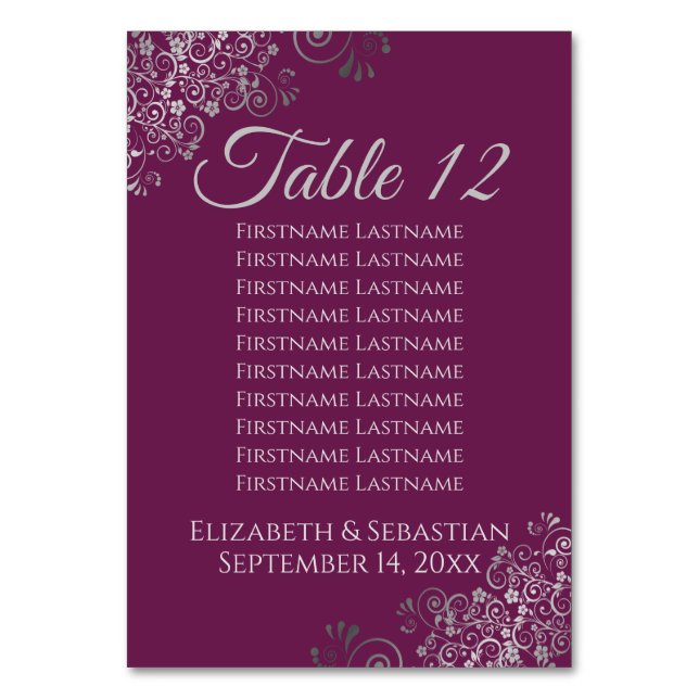 Silver on Cassis Elegant Wedding Seating Chart Table Number (Front)
