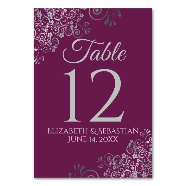 Silver on Cassis Purple Elegant Filigree Wedding Table Number (Front)