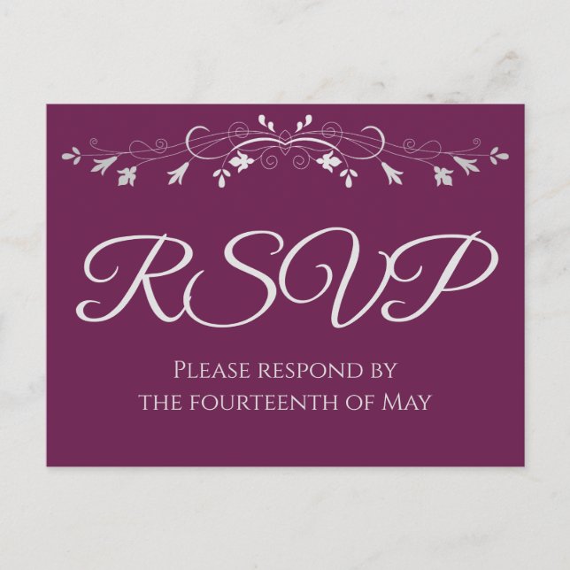 Silver on Cassis Purple Elegant Wedding RSVP Postcard (Front)