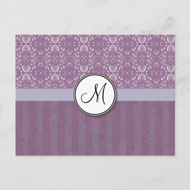 Silver on Lavender Damask with Stripes & Monogram Postcard (Front)