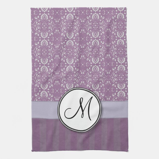 Silver on Lavender Damask with Stripes & Monogram Tea Towel (Vertical)