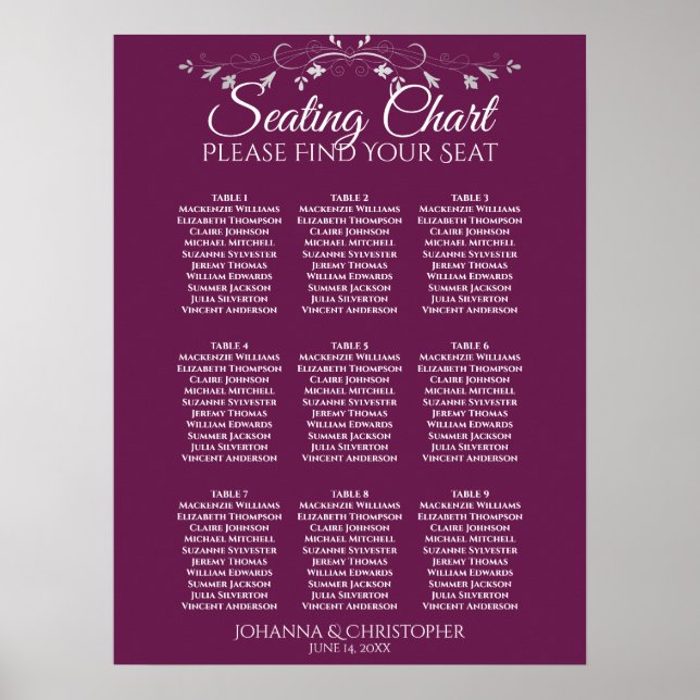 Silver on Magenta 9 Table Wedding Seating Chart (Front)