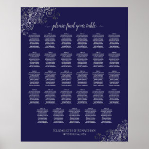 Silver on Navy Blue 29 Table Wedding Seating Chart