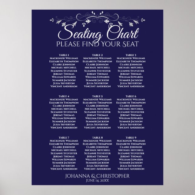 Silver on Navy Blue 9 Table Wedding Seating Chart (Front)