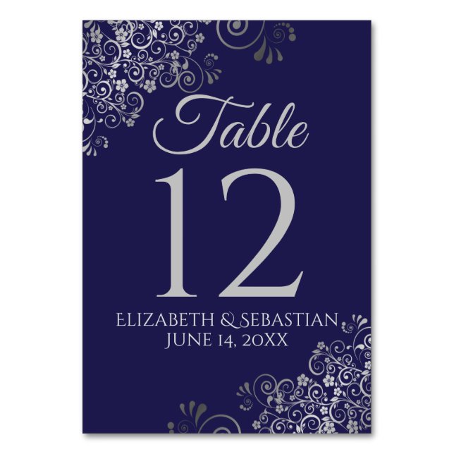 Silver on Navy Blue Elegant Filigree Wedding Table Number (Front)