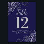 Silver on Navy Blue Elegant Frilly Wedding Table Number<br><div class="desc">These beautiful wedding table number cards feature a simple yet elegant design with light grey script calligraphy on a navy blue background with a frilly silver faux foil floral filigree in the corners. Perfect way to make your wedding reception beautiful and help your guests find the right table at the...</div>