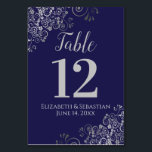 Silver on Navy Blue Elegant Frilly Wedding Table Number<br><div class="desc">These beautiful wedding table number cards feature a simple yet elegant design with light grey script calligraphy on a navy blue background with a frilly silver faux foil floral filigree in the corners. Perfect way to make your wedding reception beautiful and help your guests find the right table at the...</div>