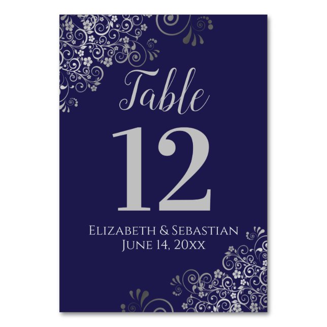 Silver on Navy Blue Elegant Frilly Wedding Table Number (Front)