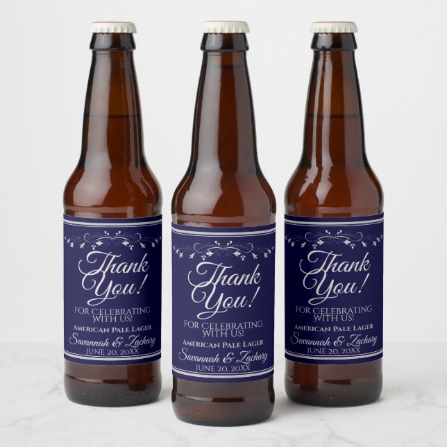 Silver on Navy Blue Wedding Thank You Beer Bottle Label (Bottles)