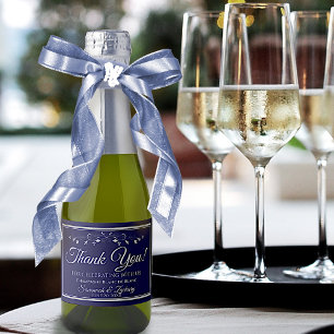 Silver on Navy Blue Wedding Thank You Mini Bottle Sparkling Wine Label