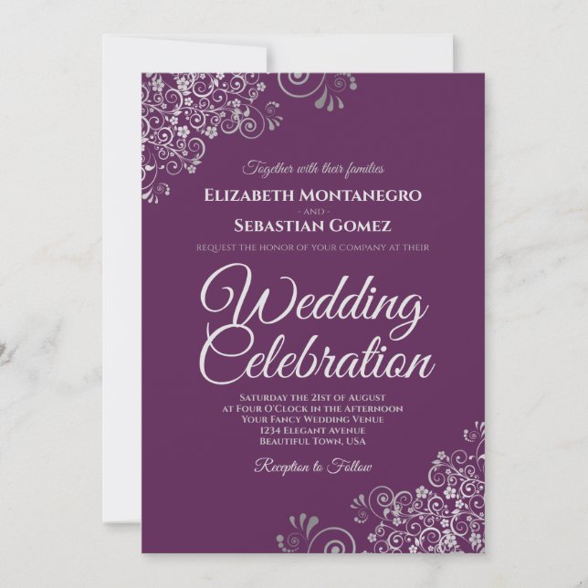 Silver on Plum Purple Simple Elegant Wedding Invitation (Front)