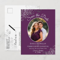 Silver on Plum Purple Wedding Save the Date Photo