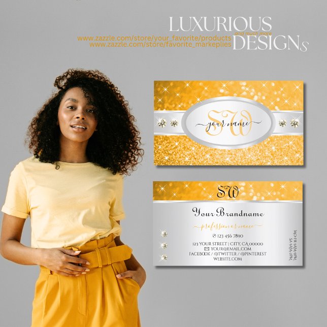 Silver Orange Glitter Sparkle Diamonds Initials Business Card (Creator Uploaded)
