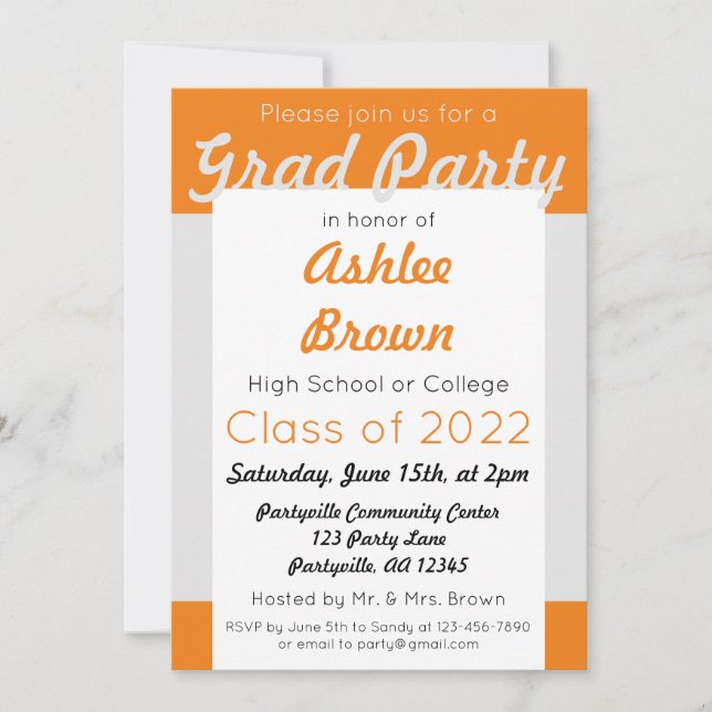 Silver Orange Grad Party Bold Graduation Invitation (Front)