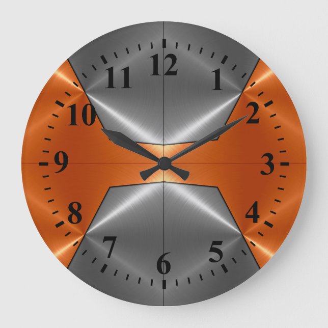 Silver Orange Stainless Steel Metal Look 2 Large Clock (Front)