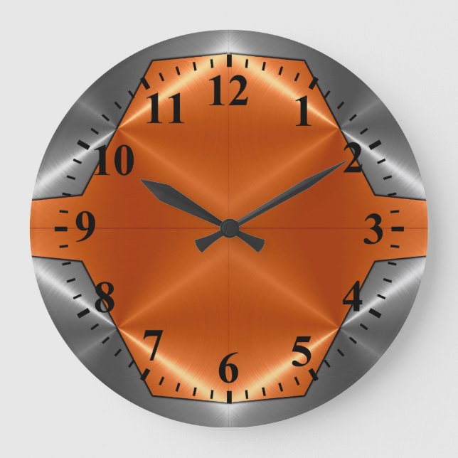 Silver Orange Stainless Steel Metal Look 3 Large Clock (Front)