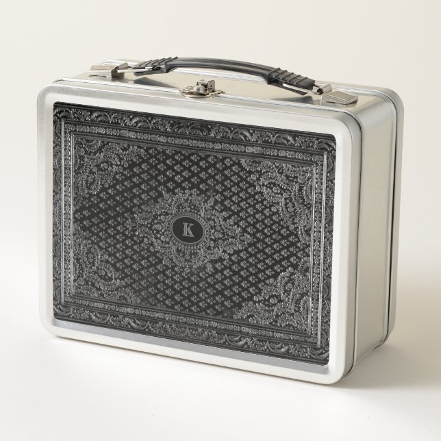 Silver Ornam. Metal Lunch Box w/out your Initials (Front)