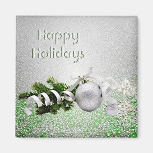 Silver Ornament White Ribbon Christmas Magnet