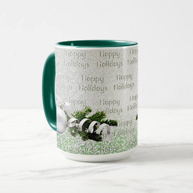 Silver Ornament White Ribbon Christmas Mug (Front Left)