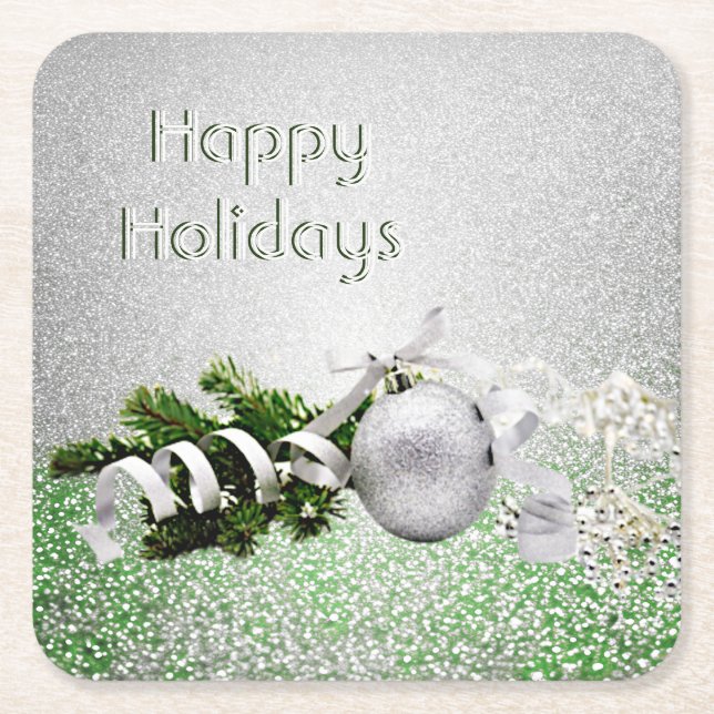 Silver Ornament White Ribbon Christmas Paper Square Paper Coaster (Front)
