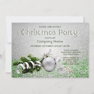 Silver Ornament White Ribbon Christmas Party Invitation