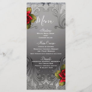 Silver Ornamental Vintage Fancy Red Roses Menu