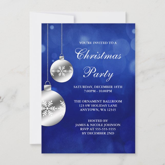 Silver Ornaments Blue Bokeh Christmas Party Invitation (Front)