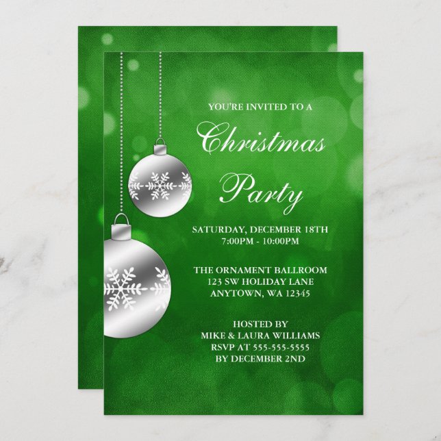Silver Ornaments Green Bokeh Christmas Party Invitation (Front/Back)