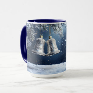 Silver Ornate Bells on Frosty Pines Holiday Mug