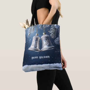 Silver Ornate Bells on Frosty Pines Tote Bag