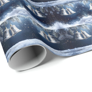 Silver Ornate Bells on Frosty Pines Wrapping Paper