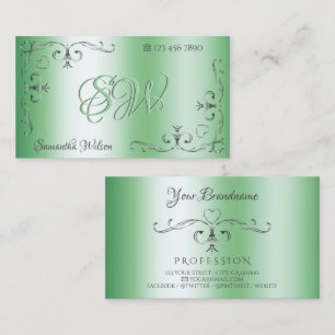 Silver Ornate Corners Initials Chic Luminous Green Business Card