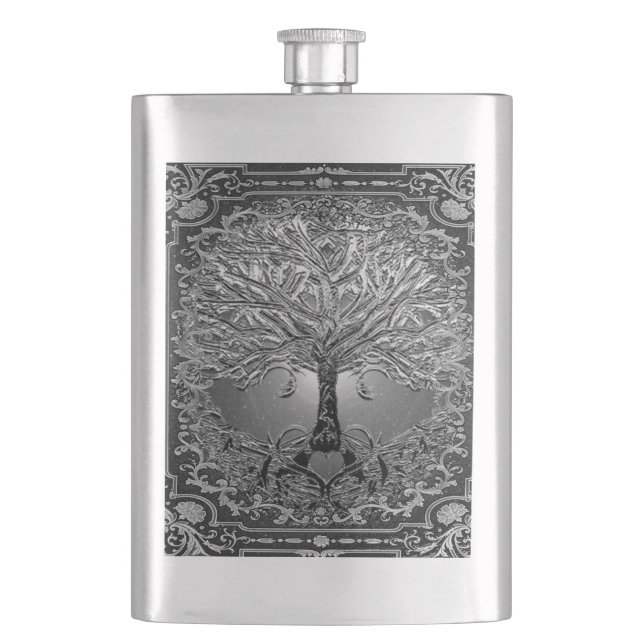 Silver  Ornate Tree of Life Ancient Rustic Flask (Front)
