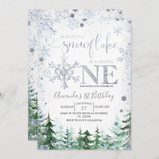 Silver Our little Snowflake Winter Forest Birthday Invitation (Front/Back)