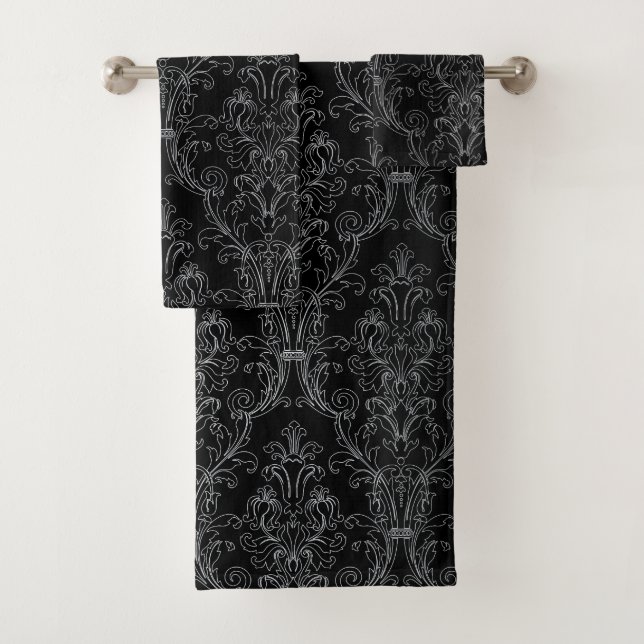 Silver Outline Black Floral Damask Bath Towel Set (Insitu)