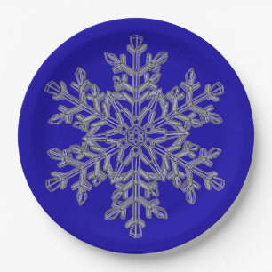 Silver Overlay Snowflake on Cobalt Blue Paper Plate
