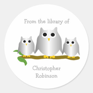 Silver Owls Design Bookplate Classic Round Sticker