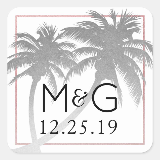 Silver Palm Tree Tropical Wedding Monogram Square Sticker (Front)