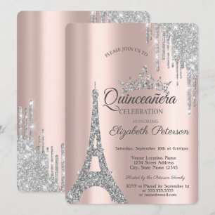 Silver Paris Eiffel Tower,Drips Quinceañera Invitation
