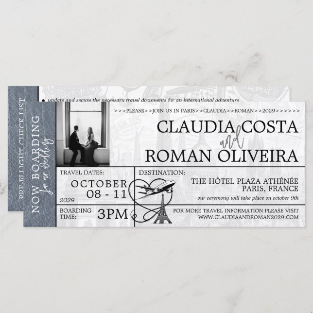 Silver Paris Wedding Boarding Pass Invitation (Front/Back)