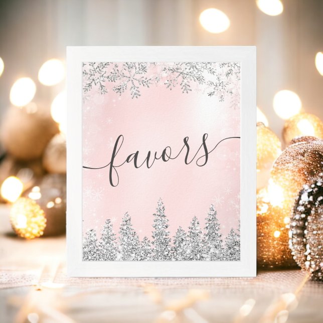 Silver pastel pink snow pine favours bridal shower poster (Silver pastel pink snow pine favors bridal shower poster)